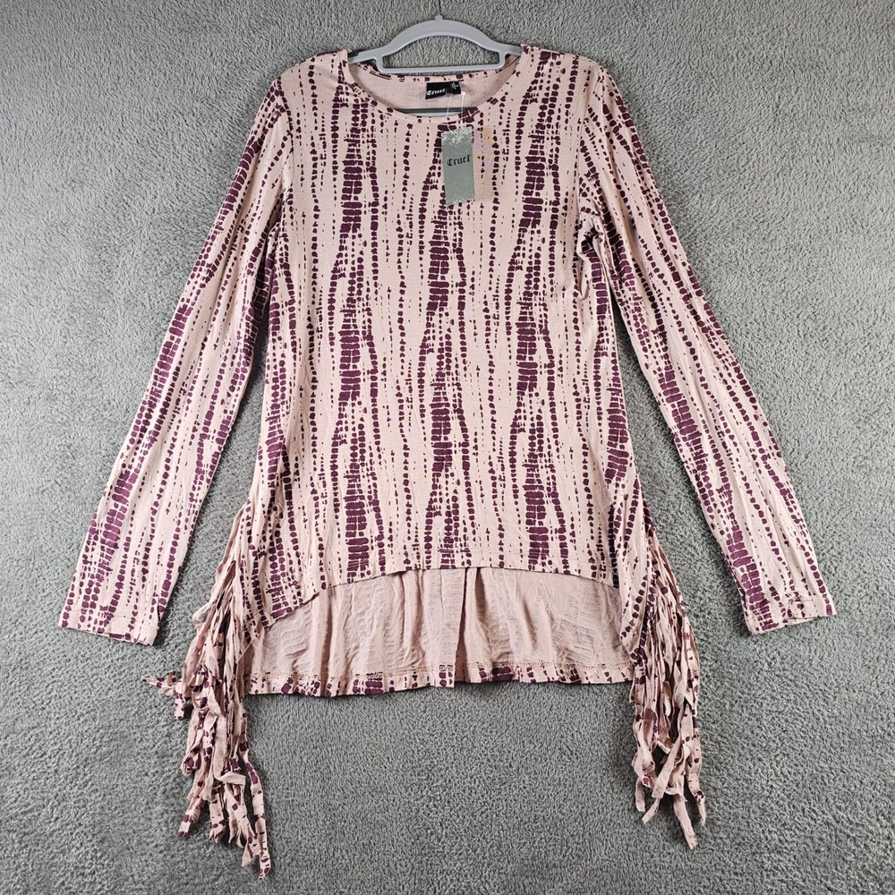 Cruel Denim Womens Pink Tie Dye Fringe Long Sleeve Tunic Top Size Small